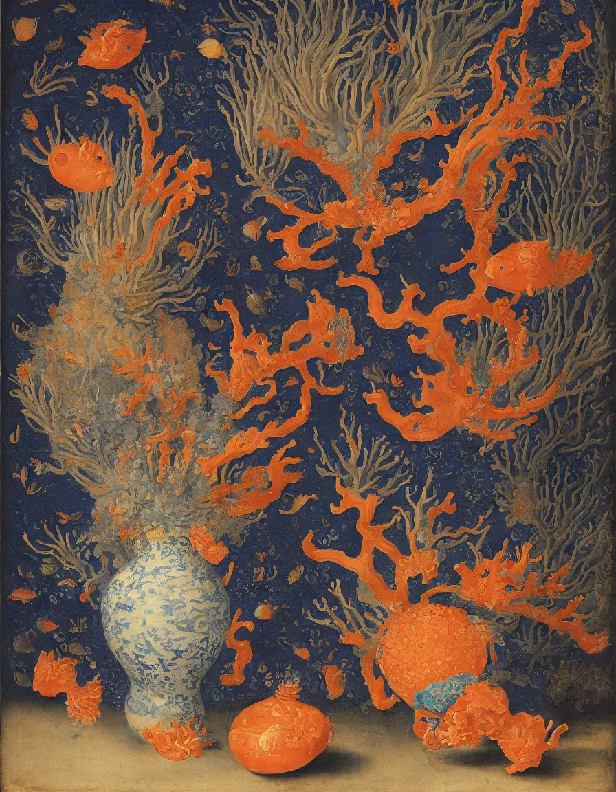 Prompt: Ming vase of coral under the sea decorated with a dense field of stylized scrolls that have opaque outlines enclosing mottled blue washes, with orange shells and purple fishes, Ambrosius Bosschaert the Elder, oil on canvas, around the edges there are no objects