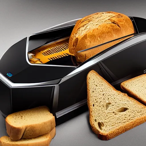 Image similar to a Lamborghini concept toaster, with bread in the slots, studio product shot