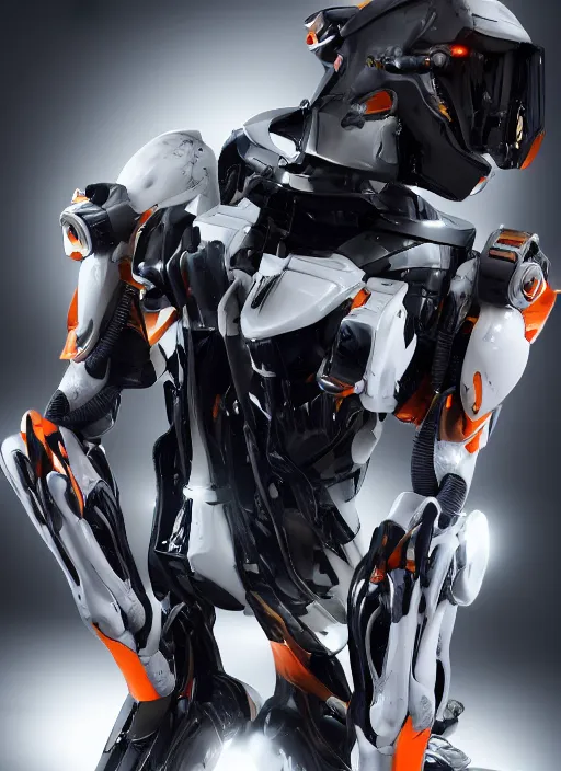 Image similar to a Photorealistic dramatic hyperrealistic full frame render of a Sleek futuristic exosuit Freedom Formula Racing Mech,Ultra realistic details,glossy white metal,Orange racing stripes,weathered surfaces,by Hidetaka Tenjin,Yoh Yoshinori,Yoji Shinkawa,Masamune Shirow,Beautiful dramatic dark moody tones and lighting,cinematic atmosphere,studio lighting,shadows,dark background, Octane render,8K