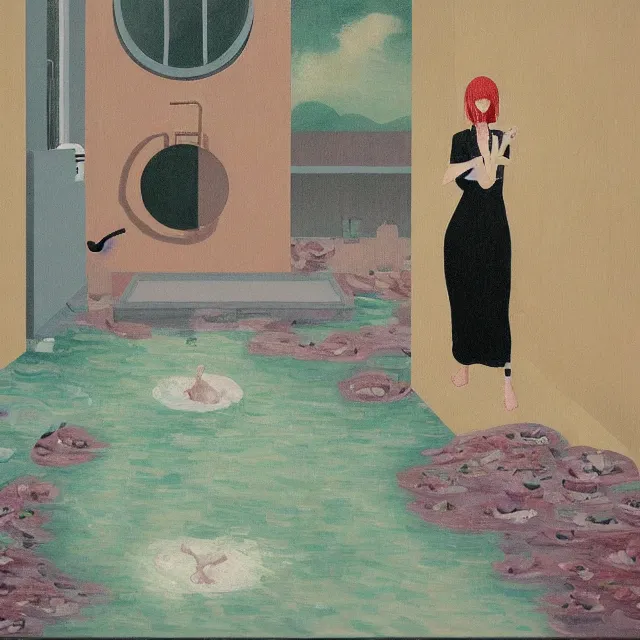 Image similar to tall female emo artist in her flooded bathroom, pigs, water gushing from ceiling, painting of flood waters inside an artist's bathroom, a river flooding indoors, pomegranates, pigs, ikebana, zen, water, octopus, river, rapids, waterfall, black swans, canoe, berries, acrylic on canvas, surrealist, by magritte and monet