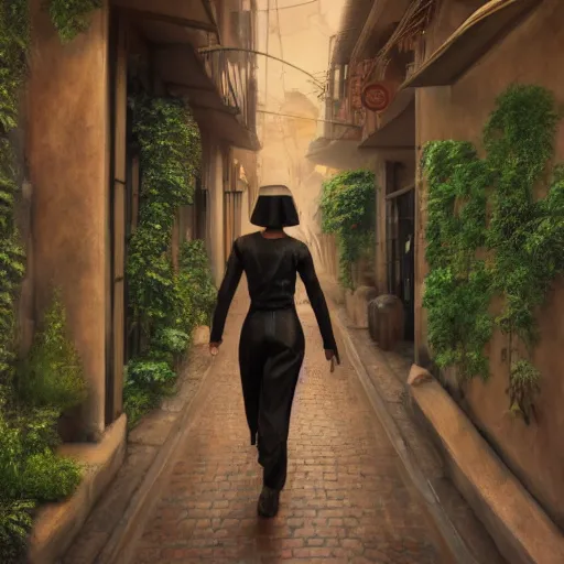 Image similar to a painting of a person walking down a bronze art-deco alley lined with plants, a detailed matte painting by Anka Zhuravleva, cgsociety, light and space, rendered in unreal engine, artstation hq, artstation hd