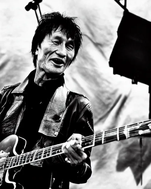 Image similar to sixty years old viktor tsoi with guitar in his hands, leather jacket, photo, microphone, rock concert, black and white, iso 6 0 0, 3 5 mm, codac gold