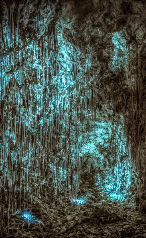 Image similar to vines in a very dark cave, blue lighting, decayed, creepy