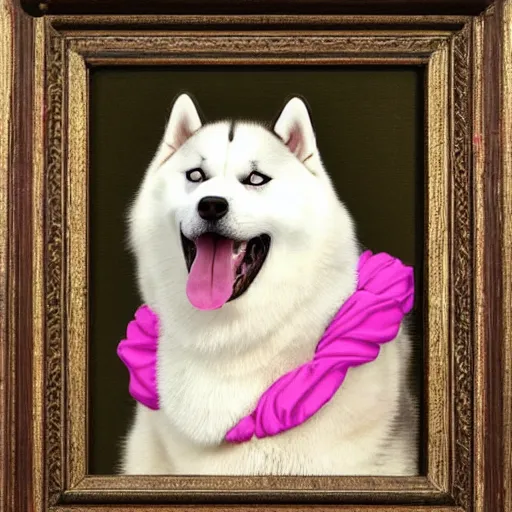 Image similar to fat siberian husky dog princess in pink gown with a goofy expression, medieval painting