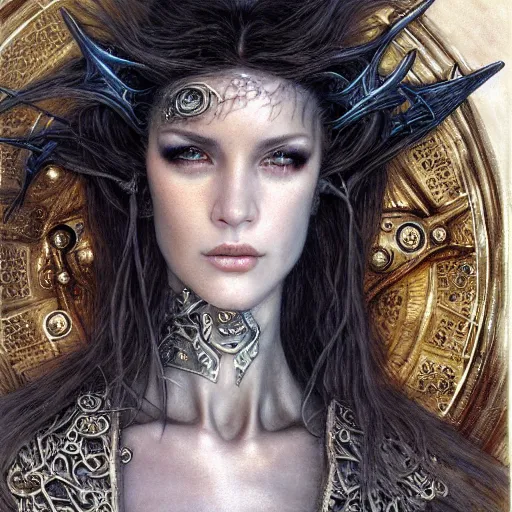 Image similar to an award finning closeup facial portrait by alan lee, luis royo and john howe of a bohemian female cyberpunk traveller clothed in excessively fashionable 8 0 s haute couture fashion and wearing ornate art nouveau body paint