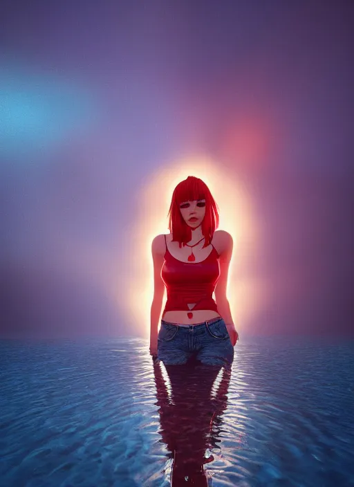 Prompt: gorgeous girl, symmetrical face, short red hair, crop top, daisy dukes shorts. by art germ, trending on artstation, unreal engine, octane render, cinematic, ultra detailed, 4 kmagical, lights, sunset, mysterious, serene, sunlight, ocean, flowing, floating water, splashing water, glowing, mystical, mysterious, lights, bokeh. 4 k