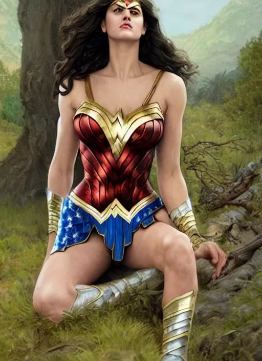 Prompt: Alexandra Daddario as Wonder women, taking a rest under tree after an long adventure, a ruggedly muscled handsome heroine, intricate, elegant, highly detailed, centered, digital painting, artstation, concept art, smooth, sharp focus, illustration, artgerm, donato giancola, Joseph Christian Leyendecker, WLOP, Artgerm, thunder storm