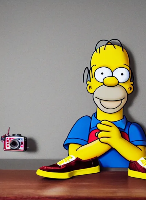 Image similar to hyperrealistic and heavy detailed product photo jordan shoe of homer simpson in front of white back drop, whole shoe is in picture, leica sl 2 5 0 mm, vivid color, high quality, high textured, real life,