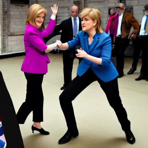 Prompt: First Minister Nicola Sturgeon vs British conservative Mp Liz Truss in street fighter