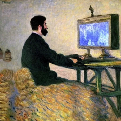 Image similar to monet painting of a frustrated man playing a first person shooter on a computer, highly detailed, realistic,