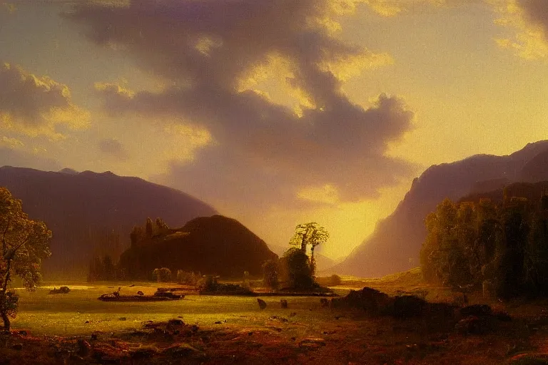 Image similar to a beautiful oil painting of a Scottish Highland landscape, evening light, by Albert Bierstadt, beautiful light, detailed, dramatic