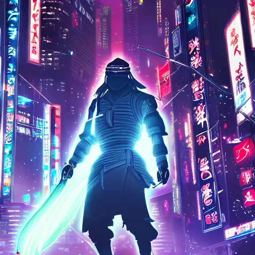 Prompt: Cyberpunk ninja samurai neon Tokyo city, trending on artstation 720x1600