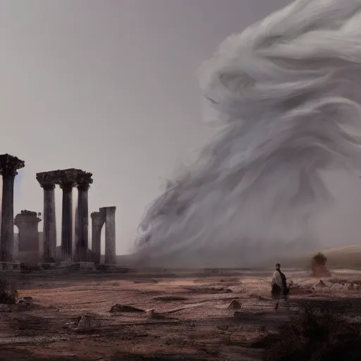Image similar to Giant smoke monster coming out of the ground, thick swirling smoke, mist, air particles, sandstorm, dramatic lighting, Byzantine ruins, surrounded by priests, worshipers, desert, cinematic, trending on artstation
