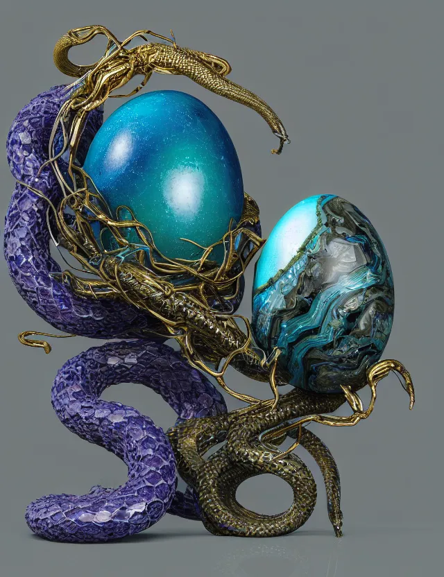 Image similar to a photo of a sculpture of snakes with wings made from blue and emerald and amethyst crystal geode formations encircling a marble egg on a base of obsidian made with liquid gold tendrils flowing by ellen jewett by stanisław szukalski, octane render, recursive, tendrils, elestial crystals, geode, refracted light