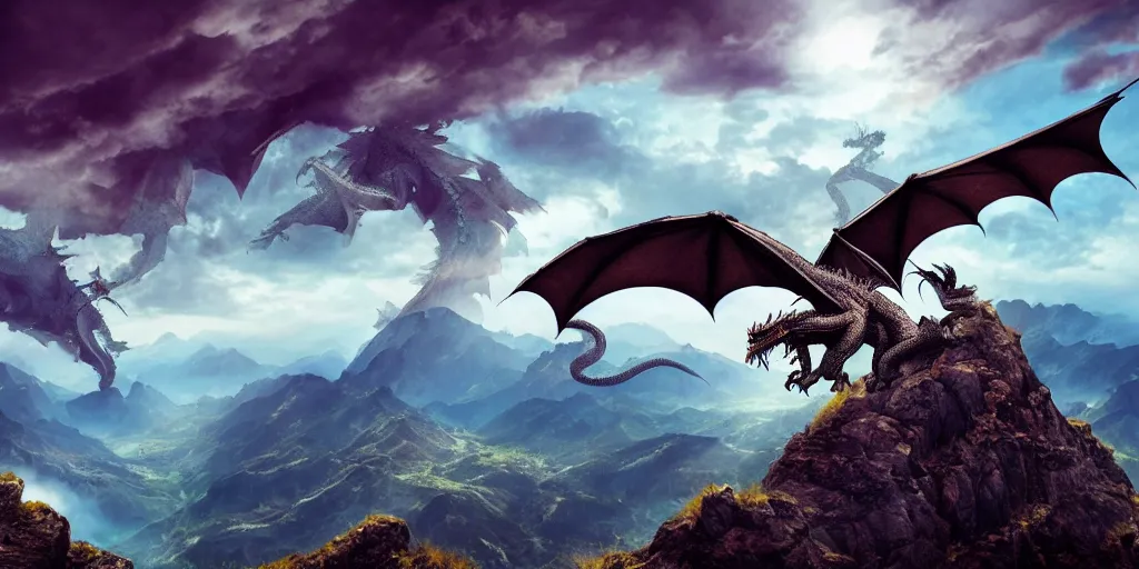 Image similar to A dragon with half open wings on the top of a mountain, epic composition, detailed and intricate image, cinematic, 4K