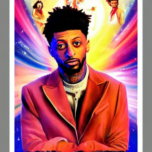 Image similar to handsome 2 1 savage as jesus in the movie psychedelic space jesus saves the space time continuum, movie poster but better concept art trending on tiktok