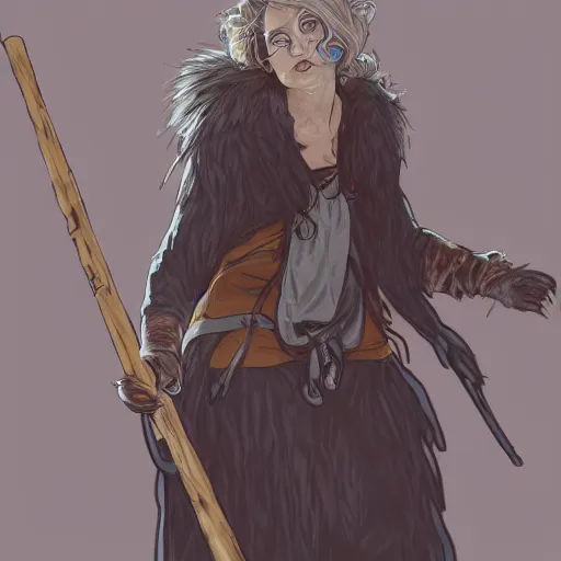 Image similar to detailed picture a woman with gray hear, using dead lion costume jacket, and holding long stick in the style of artgerm and greg rutkowski and alphonse mucha