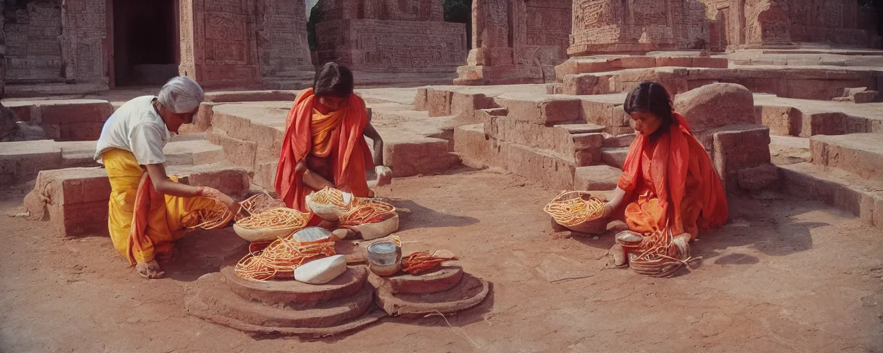 Image similar to offering spaghetti at sanchi stupa, ancient india, canon 5 0 mm, shallow depth of field, kodachrome film, in the style of galen rowell, retro