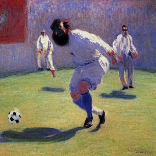 Image similar to monet painting of a bearded man getting hit in the groing with a soccer ball, highly detailed, realistic,