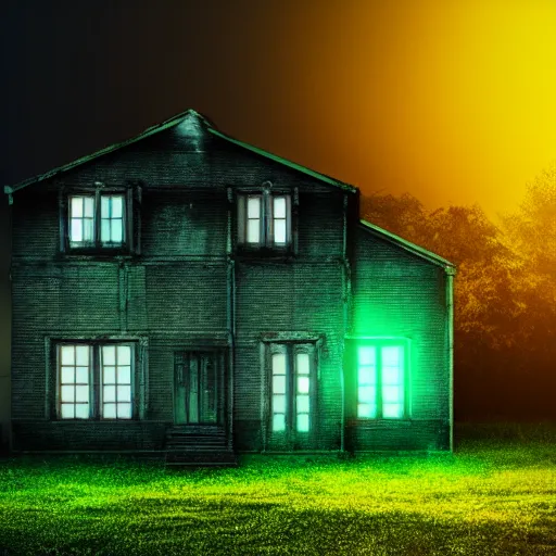 Prompt: abandoned house with green light emitting from the windows, it is night, very dark, volumetric lighting