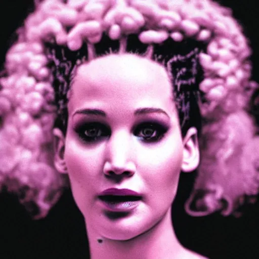 Image similar to a realistic detailed studio portrait photo of jennifer lawrence as the the bride of frankenstein, vaporwave