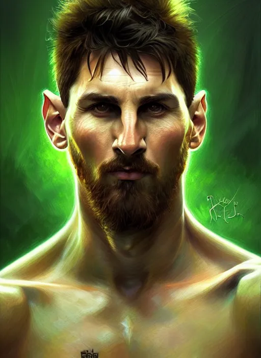 Image similar to portrait of aggressive messi, d & d, muscular! green, fantasy, intricate, elegant, highly detailed, digital painting, artstation, concept art, smooth, sharp focus, illustration, art by artgerm and greg rutkowski and alphonse mucha