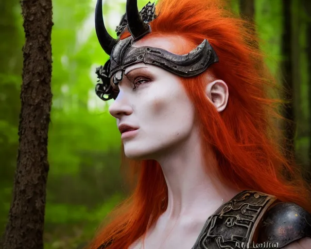 Prompt: 5 5 mm portrait photo of an armored gorgeous anesthetic redhead woman warrior with a face tattoo and horns growing from her head, in a magical forest in the style of stefan kostic, art by luis royo. highly detailed 8 k. intricate. lifelike. soft light. nikon d 8 5 0. cinematic post - processing