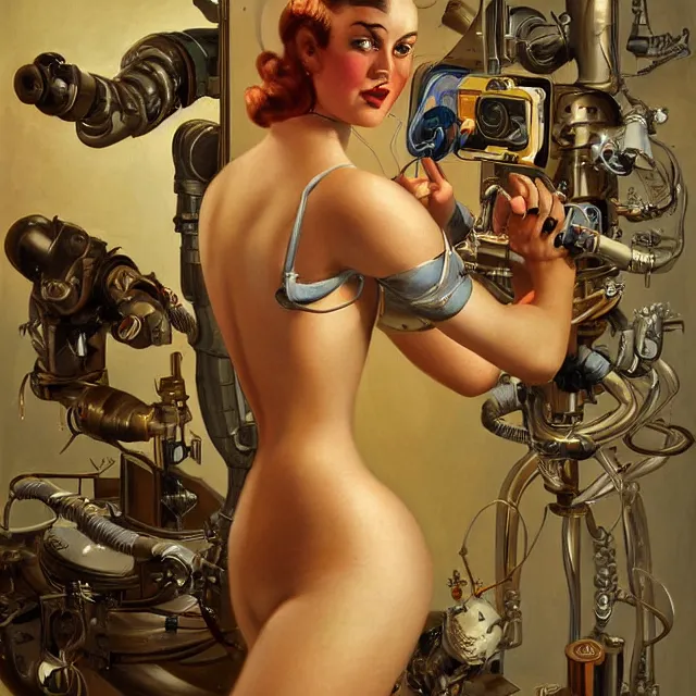 Image similar to cyborg artist painting a self - portrait on a canvas. intricate, highly detailed, digital matte painting in the style of gil elvgren and in the style of h. r. giger. irony, recursion, inspiration.