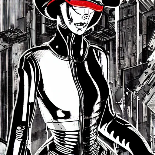 Image similar to bladerunner women wearing a jumpsuit and a biomechanical mask in the style of akira, smooth, sharp focus, hat lines, film still, zeiss lens