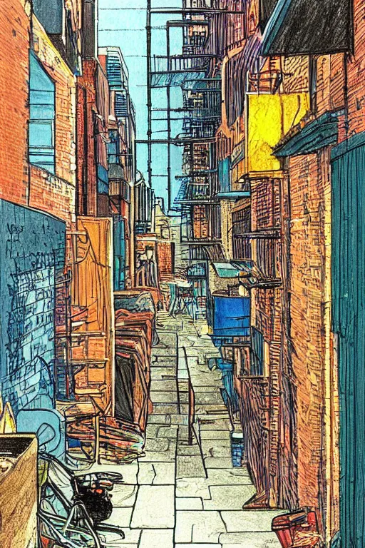 Prompt: a 2D drawing of an alley in New York in 1980s, colorful and beautiful by hiroshi yoshida