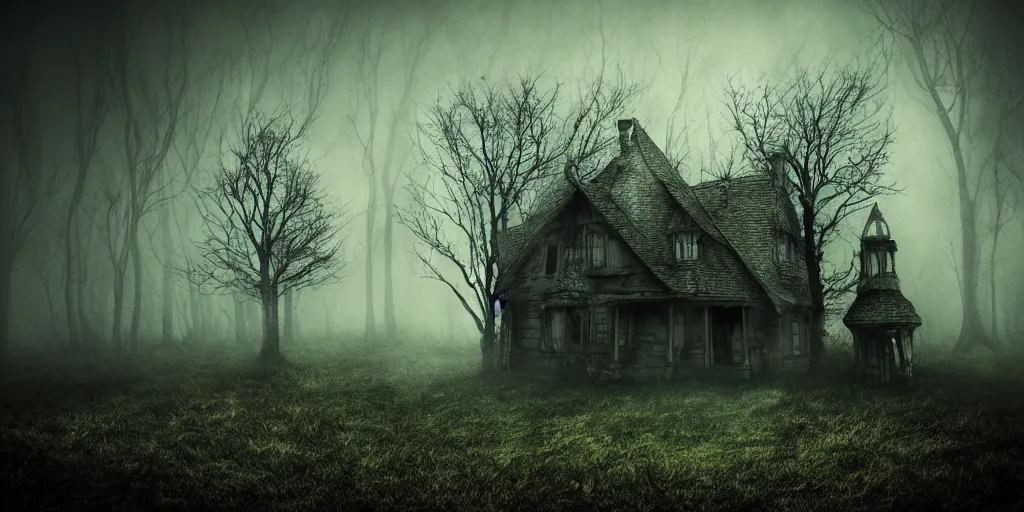 Image similar to fun strange darkness house, inspired by Tim Burton, (by Tim Burton) dark forest background, dead tree, mist, fog, volumetric lighting