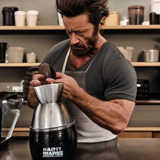Prompt: real photo of wolverine making coffee late art with hart shape