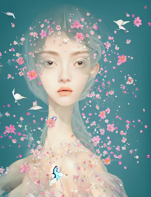 Prompt: fashionable illustration of a beautiful girl in a transparent dress, medium shot at eye level, delicate floral ornaments on fabric and hair, bright small birds, elegant, eiko ishioka, givenchy, peter murbacher, in the center, beautiful colors, origami, fashion, detailed, playful, dreamy, fashionable, japanese, real character creator, dynamic lighting