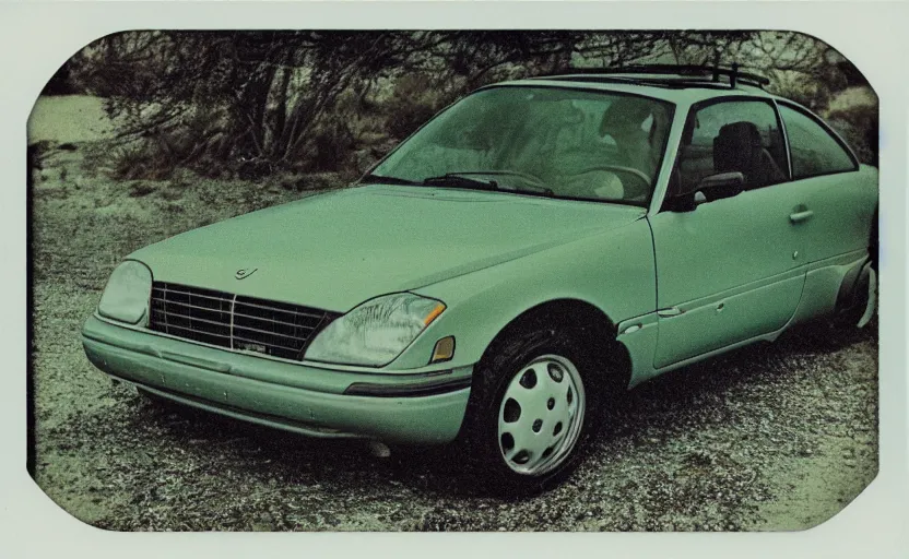 Prompt: vintage polaroid photograph of a 1998 volvo car parked in the parking lot of a beach, photograph tinted green