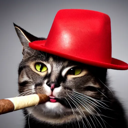 Prompt: cat with red eyes and a hat while holding a gun and smoking a cigar