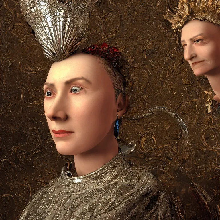 Image similar to octane render portrait by wayne barlow and carlo crivelli and glenn fabry and salvador dali, a 1 4 th century woman in a dramatic period dress with a giant iridescent silver shakespeare style collar, cinema 4 d, ray traced lighting, very short depth of field, bokeh, hypersurrealism