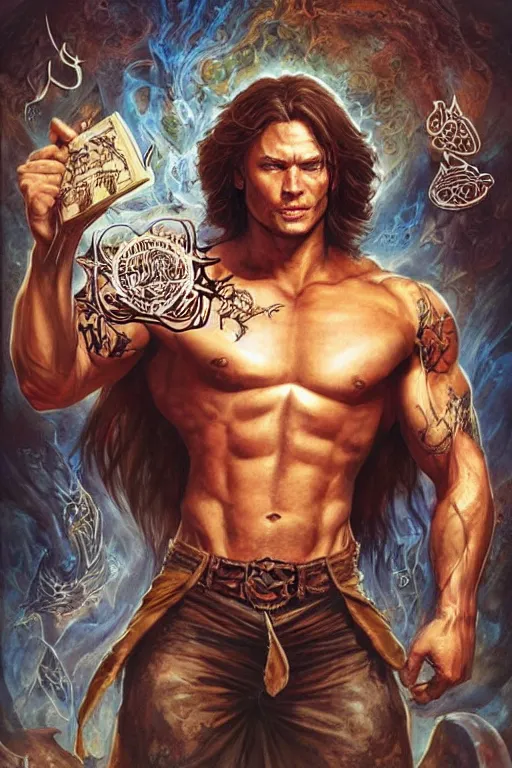 Image similar to muscular Sam Winchester with religious tattoos all over him, as a Spellcaster, holding a book with glowing runes on the cover, D&D dark fantasy style, sharp focus, ultra detailed, art by Artgerm and Peter Andrew Jones, Karol Bak, Ayami Kojima, Amano and Olivier Ledroit