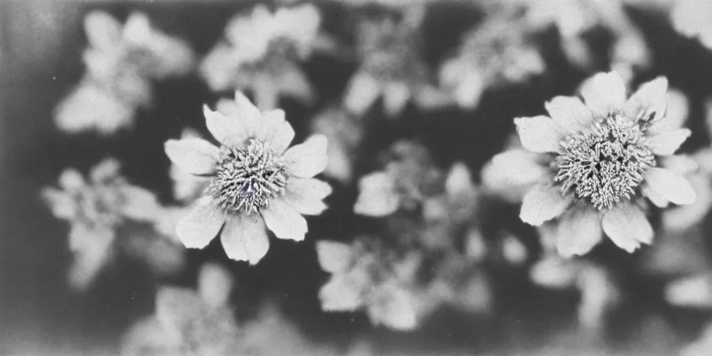 Prompt: close up photography of edelweiss flower, 1. 2 f, 3 5 mm, dark, leaves of bones, 1 9 2 0 s ghost photography