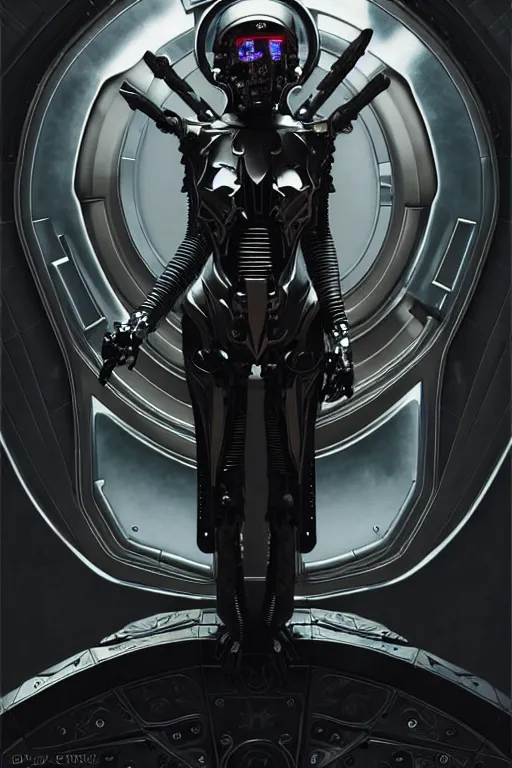 Image similar to dark futuristic cyborg with metal horns, chrome motorcycle parts, full body, diffuse lighting, fantasy, intricate, elegant, highly detailed, lifelike, photorealistic, digital painting, artstation, illustration, concept art, smooth, sharp focus, art by John Collier and Albert Aublet and Krenz Cushart and Artem Demura and Alphonse Mucha