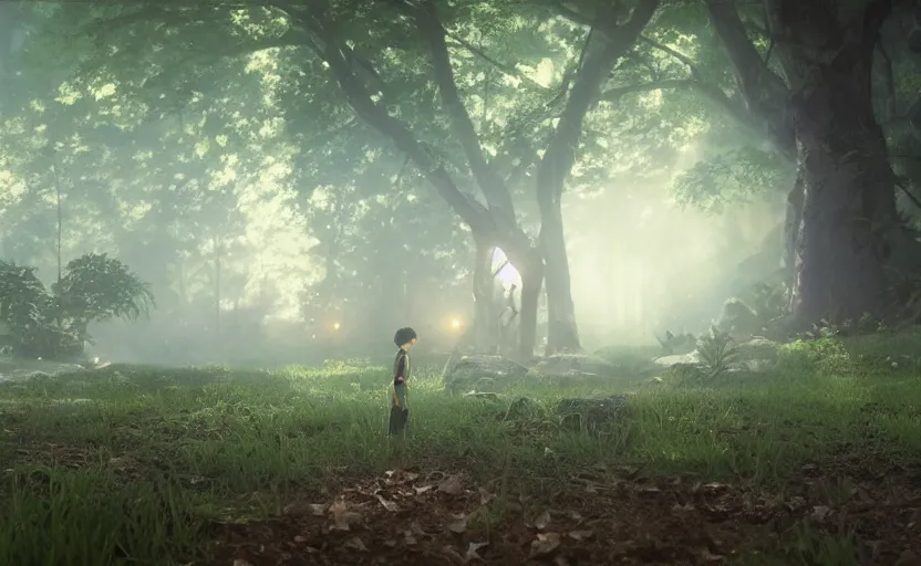 Image similar to a film still Grave of the fire flies, medium shot, waist up, studio Ghibli, Pixar and Disney animation, sharp, Rendered in Unreal Engine 5, anime key art by Greg Rutkowski, Bloom, dramatic lighting