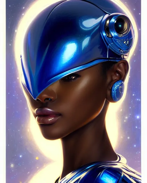 Image similar to Portrait of very very very very very very beautiful african woman, spacesuit, futuristic cybernetic helmet, blue eyes, real life skin, intricate, elegant, highly detailed, artstation, concept art, smooth, sharp focus, art by artgerm and greg rutkowski and alphonse mucha