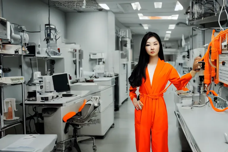 Image similar to a photograph of a beautiful young asian woman wearing an orange prison jumpsuit standing in a laboratory surrounded by sci fi medical equipment, cinematic lighting, sci fi, futuristic