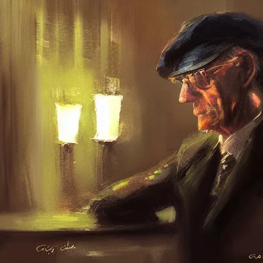 Prompt: Portrait of an oldman using a beret siting in a bar, looking to the camera, artwork by Craig Mullins, black background, trending on artstation, its night, with dramatic cinematic candle light