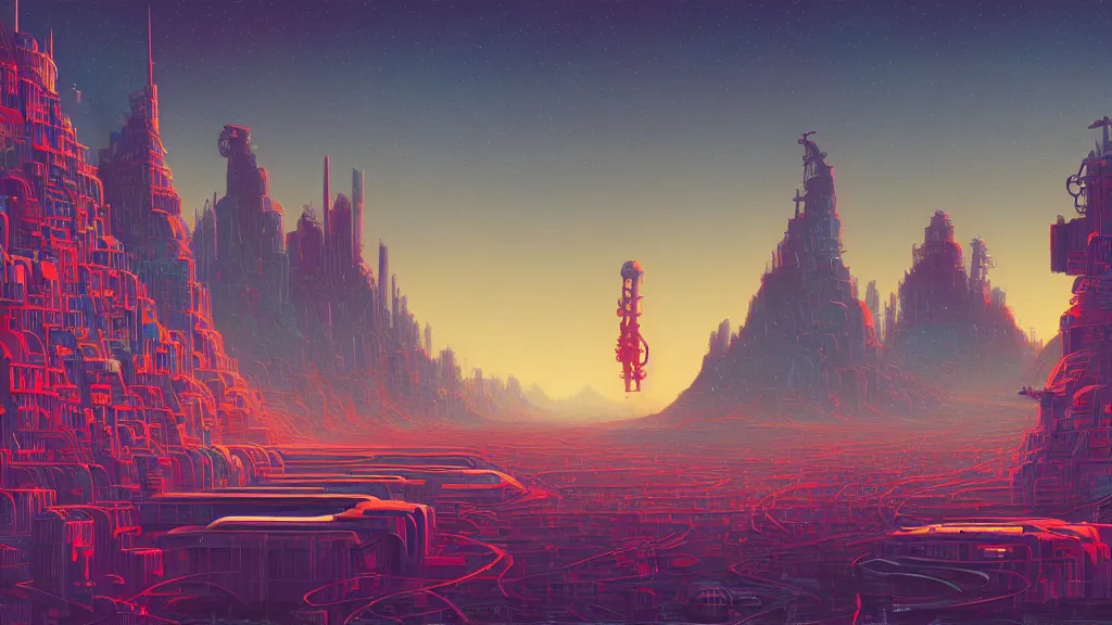 Prompt: surreal robot city at the other side of nowhere, sharp digital painting. dreaming latent space. concept art. artstation. casey weldon. digital render. dan mumford. clean retro. bruce pennington.