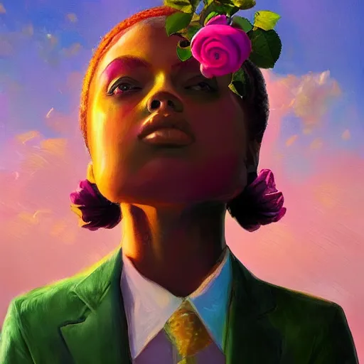 Image similar to closeup, huge rose flower under head, frontal, girl in a suit, surreal photography, sunrise, dramatic light, impressionist painting, digital painting, artstation, simon stalenhag