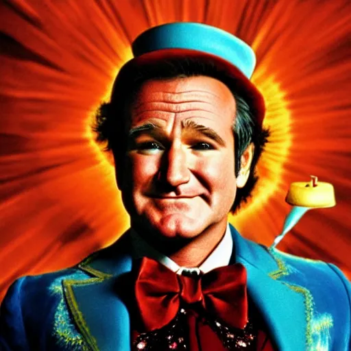 Prompt: stunning awe inspiring robin williams as willy wonka, movie still 8 k hdr atmospheric lighting