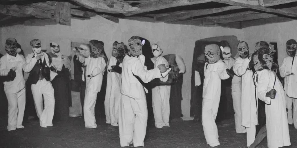 Image similar to creepy photo of people in italian doctor masks dancing around a small obsidian monolith in a barn, 70mm film, old film, found film, scary, ominous, disturbing