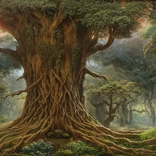 Prompt: a beautiful and highly detailed matte painting of a giant tree in a magical garden in lush forest in the valley of dreams, intricate details, epic scale, insanely complex, 8 k, sharp focus, hyperrealism, very realistic, by caspar friedrich, james gurney, brian froud,