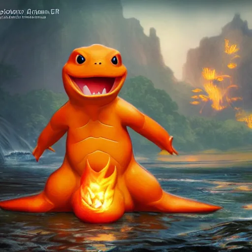 Image similar to a charmander made of water, ultra realistic, concept art, intricate details, highly detailed, photorealistic, octane render, 8 k, unreal engine, art by frank frazetta, simon bisley, brom