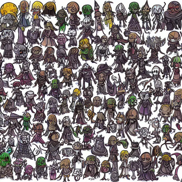 Image similar to spritesheet containing a chibi wizard and skeleton enemies of different magic types, colored lineart